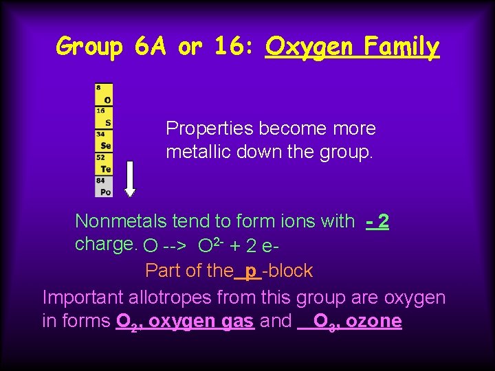 Group 6 A or 16: Oxygen Family Properties become more metallic down the group.