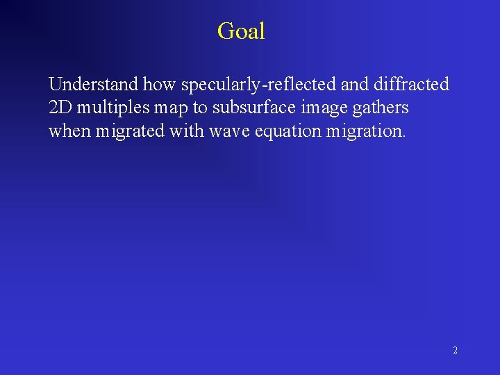 Goal Understand how specularly-reflected and diffracted 2 D multiples map to subsurface image gathers