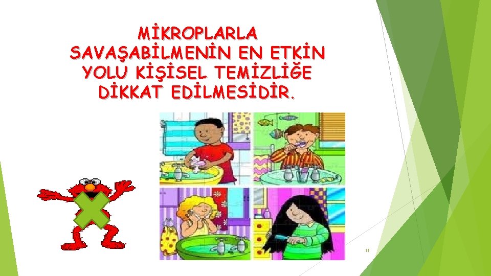 MİKROPLARLA SAVAŞABİLMENİN EN ETKİN YOLU KİŞİSEL TEMİZLİĞE DİKKAT EDİLMESİDİR. 11 