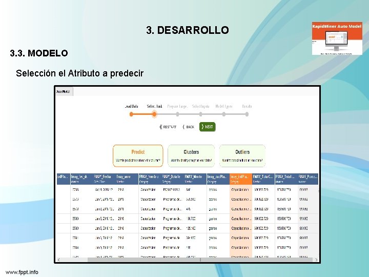 3. DESARROLLO 3. 3. MODELO Selección el Atributo a predecir 