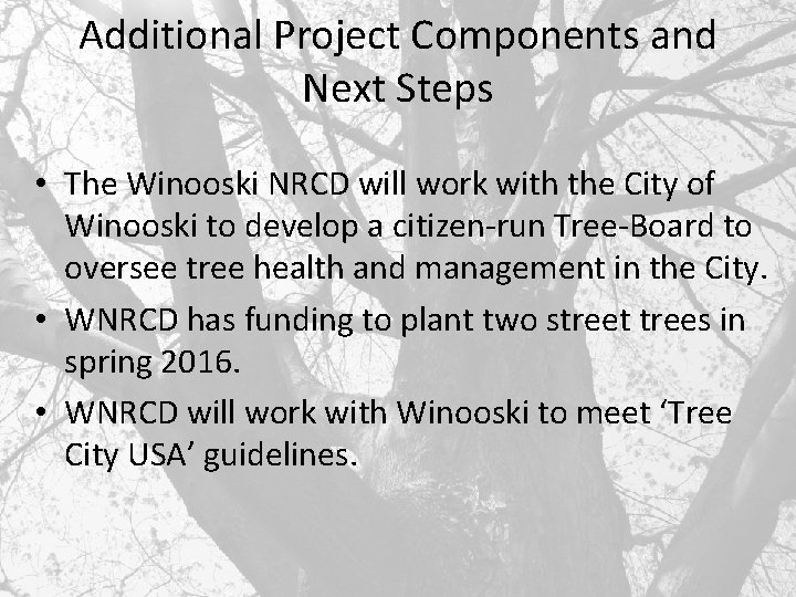 Additional Project Components and Next Steps • The Winooski NRCD will work with the