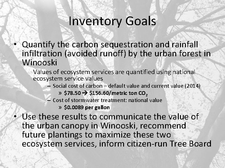Inventory Goals • Quantify the carbon sequestration and rainfall infiltration (avoided runoff) by the