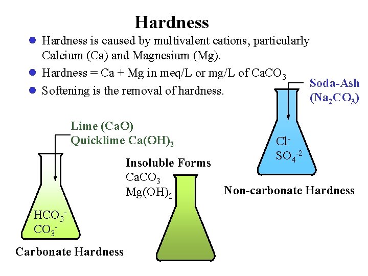 Hardness l Hardness is caused by multivalent cations, particularly Calcium (Ca) and Magnesium (Mg).