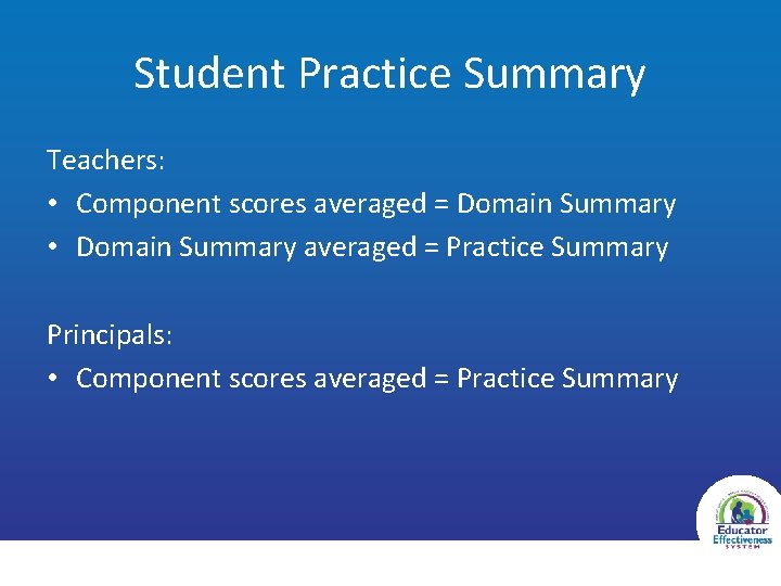 Student Practice Summary Teachers: • Component scores averaged = Domain Summary • Domain Summary