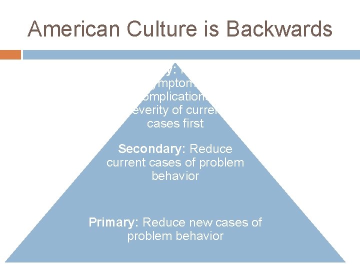 American Culture is Backwards Tertiary: Reduce symptoms, complications, severity of current cases first Secondary: American Culture is Backwards Tertiary: Reduce symptoms, complications, severity of current cases first Secondary:
