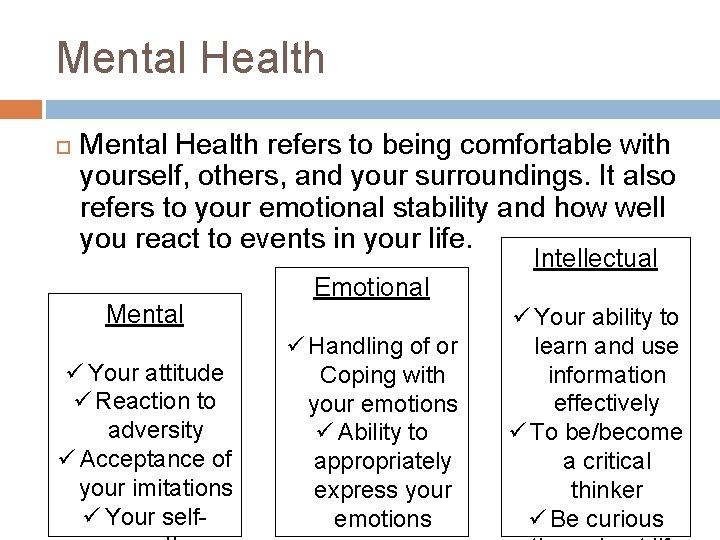 Mental Health refers to being comfortable with yourself, others, and your surroundings. It also Mental Health refers to being comfortable with yourself, others, and your surroundings. It also