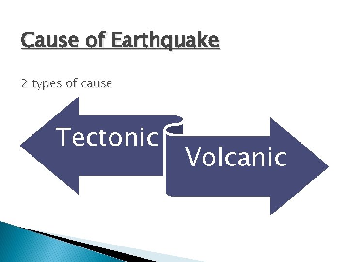 Cause of Earthquake 2 types of cause Tectonic Volcanic 