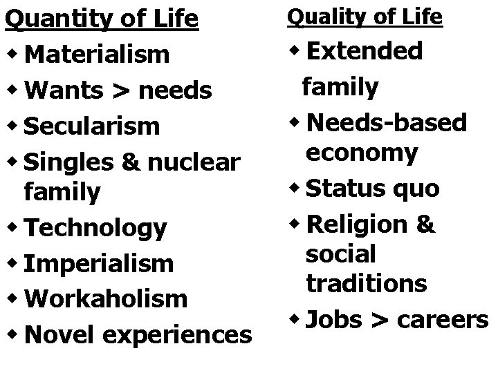 Quantity of Life w Materialism w Wants > needs w Secularism w Singles &