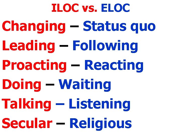 ILOC vs. ELOC Changing – Status quo Leading – Following Proacting – Reacting Doing