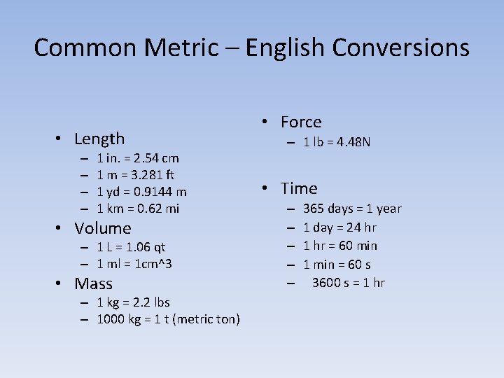 Common Metric – English Conversions • Length – – 1 in. = 2. 54