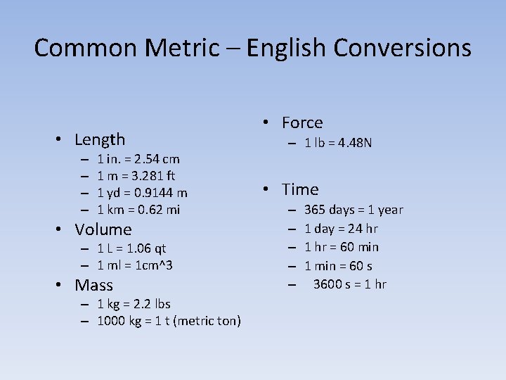 Common Metric – English Conversions • Length – – 1 in. = 2. 54