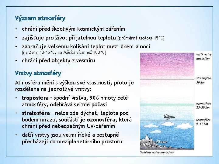 Význam atmosféry • chrání před škodlivým kosmickým zářením • zajišťuje pro život přijatelnou teplotu