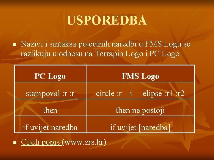 USPOREDBA n Nazivi i sintaksa pojedinih naredbi u FMS Logu se razlikuju u odnosu