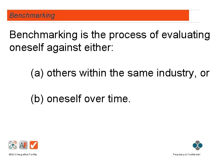 Benchmarking is the process of evaluating oneself against either: (a) others within the same