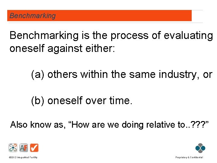 Benchmarking is the process of evaluating oneself against either: (a) others within the same