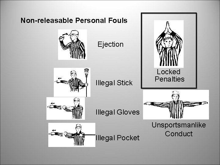 Non-releasable Personal Fouls Ejection Illegal Stick Locked Penalties Illegal Gloves Illegal Pocket Unsportsmanlike Conduct