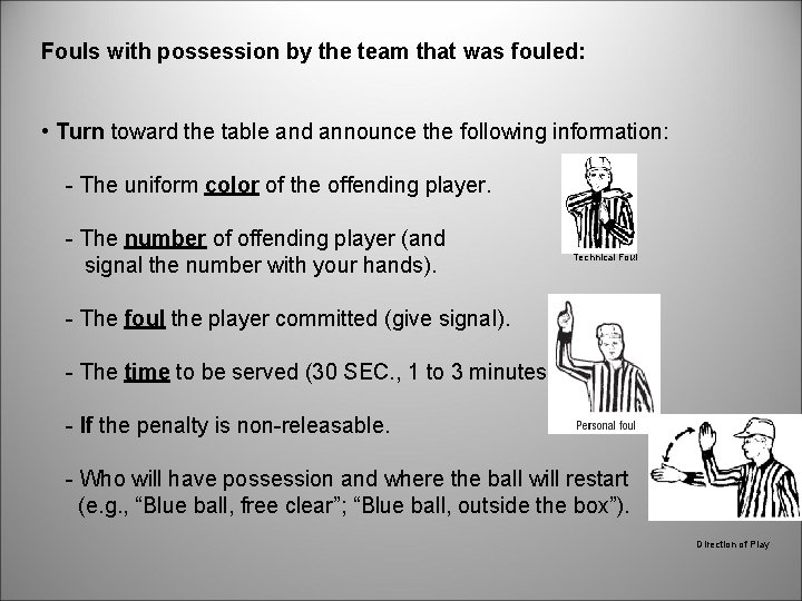 Fouls with possession by the team that was fouled: • Turn toward the table