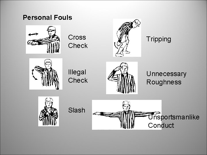 Personal Fouls Cross Check Tripping Illegal Check Unnecessary Roughness Slash Unsportsmanlike Conduct 