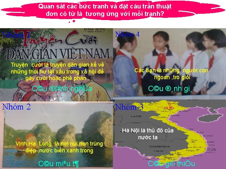 Quan sát các bức tranh và đặt câu trần thuật đơn có từ là