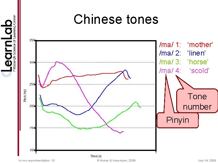 Chinese tones /ma/ 1: ‘mother’ /ma/ 2: ‘linen’ /ma/ 3: ‘horse’ /ma/ 4: ‘scold’