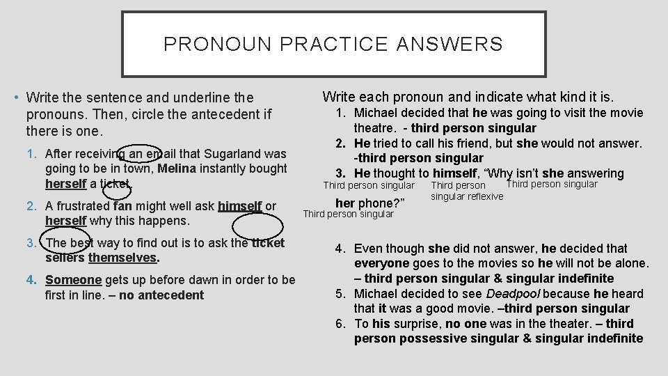 PRONOUN PRACTICE ANSWERS • Write the sentence and underline the pronouns. Then, circle the