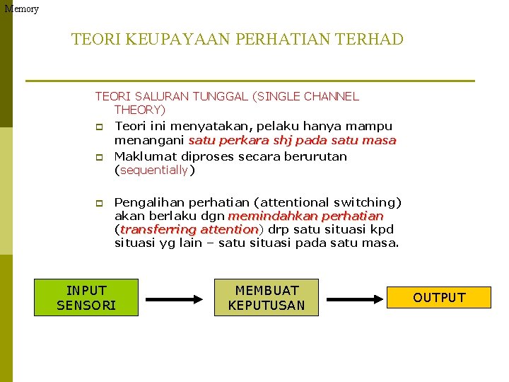 Memory TEORI KEUPAYAAN PERHATIAN TERHAD TEORI SALURAN TUNGGAL (SINGLE CHANNEL THEORY) p Teori ini