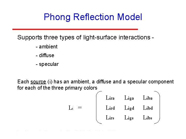 Phong Reflection Model Supports three types of light-surface interactions - ambient - diffuse -
