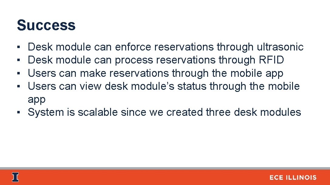 Success ▪ ▪ Desk module can enforce reservations through ultrasonic Desk module can process