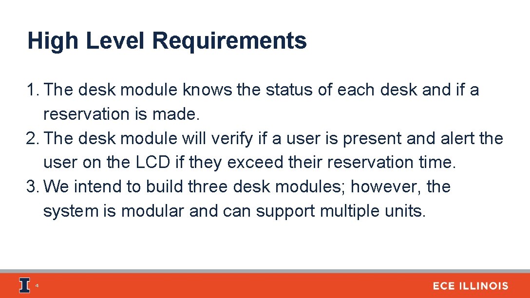 High Level Requirements 1. The desk module knows the status of each desk and