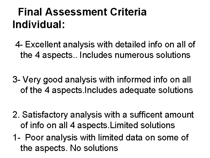 Final Assessment Criteria Individual: 4 - Excellent analysis with detailed info on all of