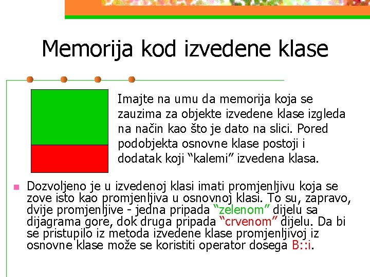 Memorija kod izvedene klase Imajte na umu da memorija koja se zauzima za objekte