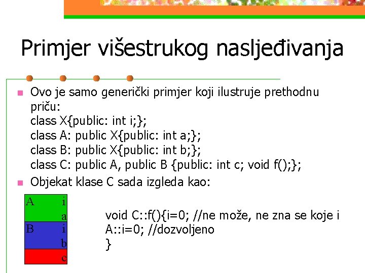 Primjer višestrukog nasljeđivanja n n Ovo je samo generički primjer koji ilustruje prethodnu priču: