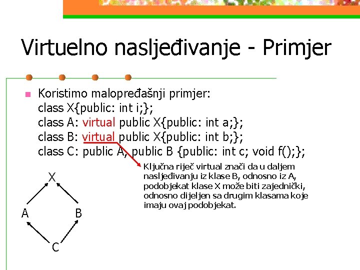 Virtuelno nasljeđivanje - Primjer n Koristimo malopređašnji primjer: class X{public: int i; }; class
