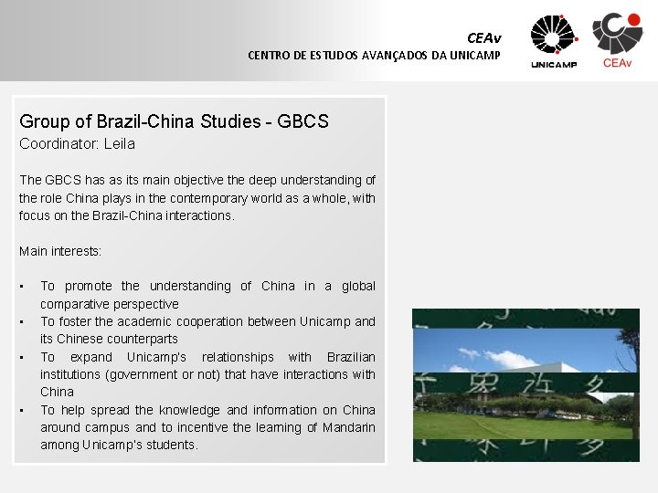 CEAv CENTRO DE ESTUDOS AVANÇADOS DA UNICAMP Group of Brazil-China Studies - GBCS Coordinator: