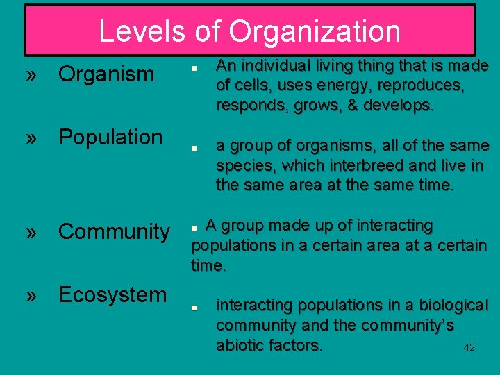 Levels of Organization » Organism » Population » Community » Ecosystem ■ ■ An