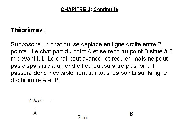 CHAPITRE 3: Continuité Théorèmes : Supposons un chat qui se déplace en ligne droite