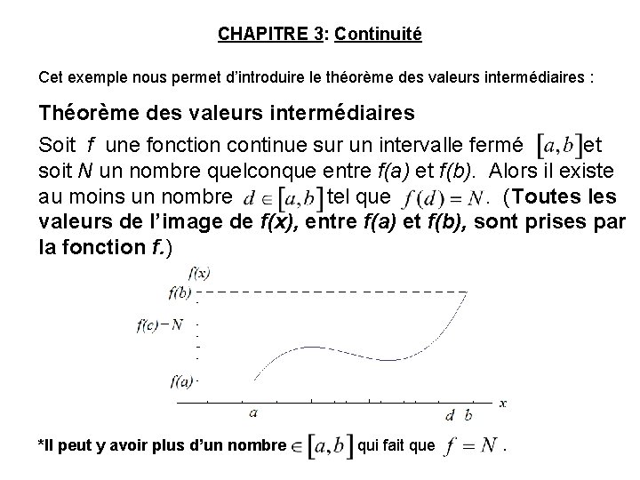 CHAPITRE 3: Continuité Cet exemple nous permet d’introduire le théorème des valeurs intermédiaires :