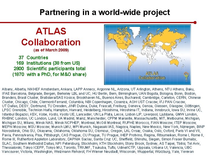 Partnering in a world-wide project ATLAS Collaboration (as of March 2009) 37 169 2800 Partnering in a world-wide project ATLAS Collaboration (as of March 2009) 37 169 2800