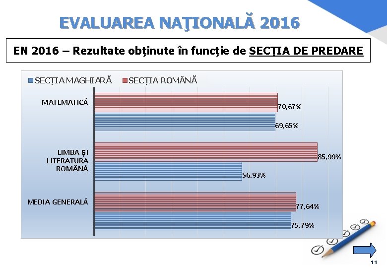 EVALUAREA NAŢIONALĂ 2016 EN 2016 – Rezultate obținute în funcție de SECȚIA DE PREDARE