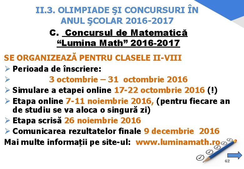 II. 3. OLIMPIADE ŞI CONCURSURI ÎN ANUL ŞCOLAR 2016 -2017 C. Concursul de Matematică