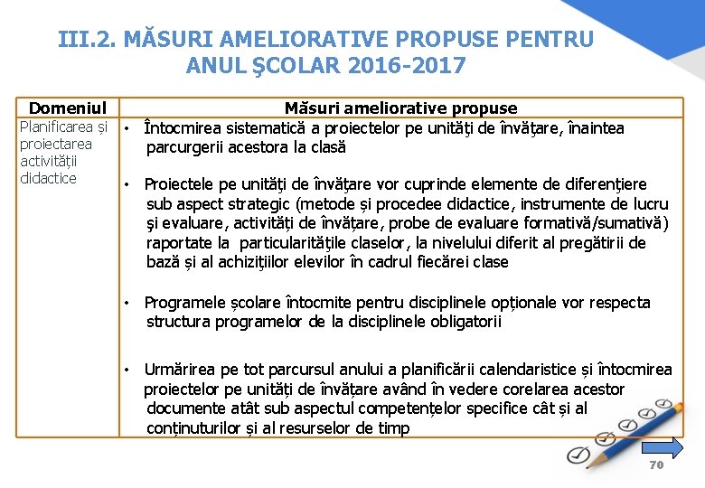 III. 2. MĂSURI AMELIORATIVE PROPUSE PENTRU ANUL ŞCOLAR 2016 -2017 Domeniul Măsuri ameliorative propuse