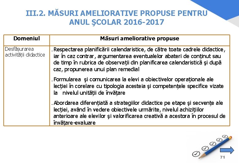 III. 2. MĂSURI AMELIORATIVE PROPUSE PENTRU ANUL ŞCOLAR 2016 -2017 Domeniul Măsuri ameliorative propuse