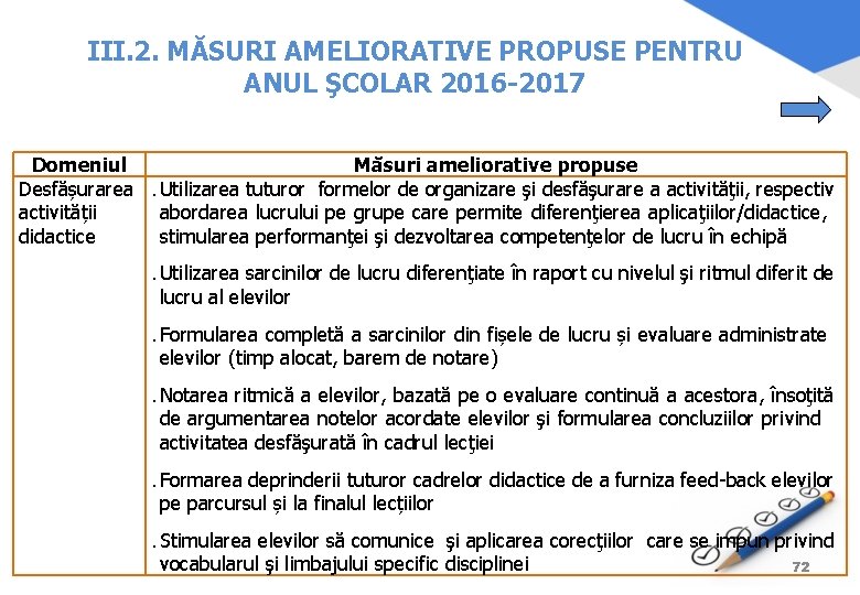 III. 2. MĂSURI AMELIORATIVE PROPUSE PENTRU ANUL ŞCOLAR 2016 -2017 Domeniul Măsuri ameliorative propuse