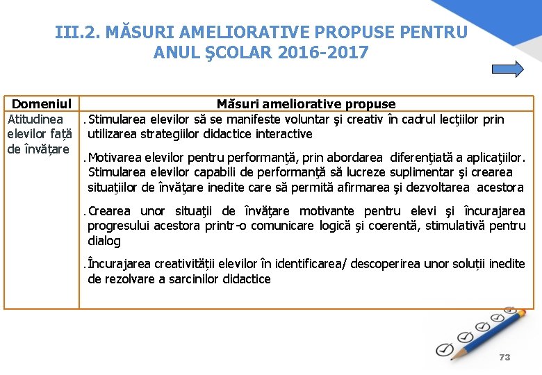 III. 2. MĂSURI AMELIORATIVE PROPUSE PENTRU ANUL ŞCOLAR 2016 -2017 Domeniul Măsuri ameliorative propuse