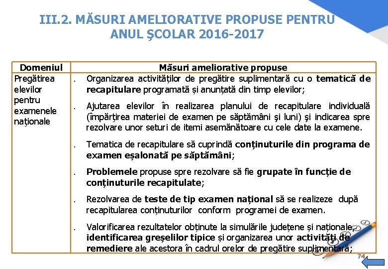 III. 2. MĂSURI AMELIORATIVE PROPUSE PENTRU ANUL ŞCOLAR 2016 -2017 Domeniul Pregătirea elevilor pentru