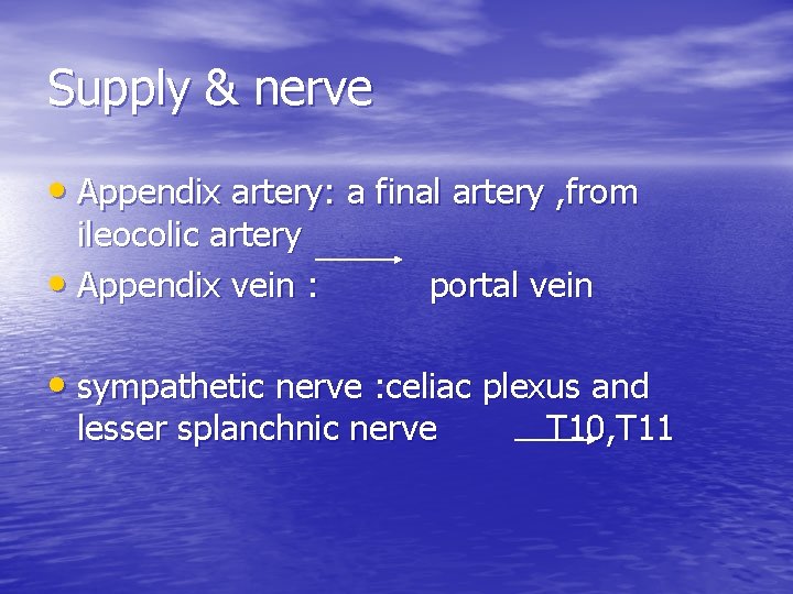 Supply & nerve • Appendix artery: a final artery , from ileocolic artery •