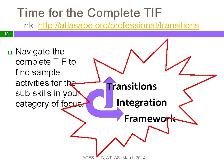 Time for the Complete TIF Link: http: //atlasabe. org/professional/transitions 10 Navigate the complete TIF