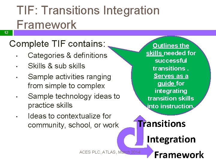 12 TIF: Transitions Integration Framework Complete TIF contains: • • • Categories & definitions