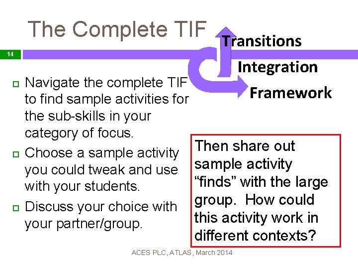 The Complete TIF 14 Navigate the complete TIF to find sample activities for the