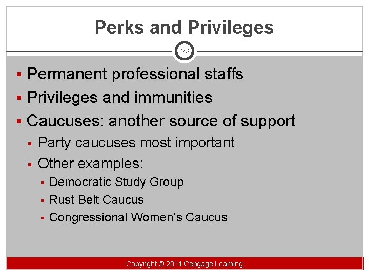 Perks and Privileges 22 § Permanent professional staffs § Privileges and immunities § Caucuses: